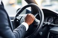 African American male driver's hands on wheel driving high speed movement sitting inside car. Man hold steering Royalty Free Stock Photo