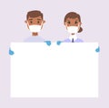 African American male and female character with board. Cartoon masked people in gloves. Isolated avatar. Flat illustration