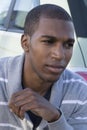 African American male model wearing gray sweater