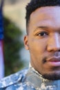 African american male soldier face close up, copy space