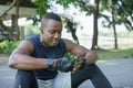 African american male sportsman exercise outdoor Royalty Free Stock Photo