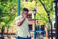 Young black man talking on cell phone outdoors in New York City Royalty Free Stock Photo