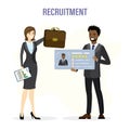 African american man candidate holds resume. Woman boss or hr specialist give briefcase. New male employee, recruitment process . Royalty Free Stock Photo