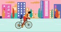 African American man cyclists is riding bicycle in the summer empty city during sunset. Cartoon , flat design