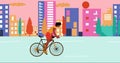 African American man cyclists is riding bicycle in the summer empty city during sunset. Cartoon , flat design