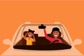 African american man driving auto illustration. Father and daughter sitting at front seats of automobile, family road