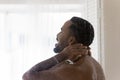 African american man enjoy taking shower in bathroom Royalty Free Stock Photo