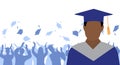 African American man graduate in mantle and academic square cap on background of cheerful crowd of graduates throwing their