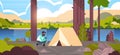 African american man hiker camper installing a tent preparing for camping hiking concept sunrise landscape nature river