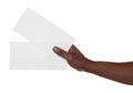 African American man holding flyers on white background, closeup. Mockup for design Royalty Free Stock Photo