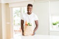 African american man holding paper bag full of fresh groceries with a happy face standing and smiling with a confident smile Royalty Free Stock Photo