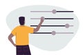 African American man moves different sliders. Black guy adjusts various parameters. Concept of custom settings. User