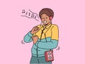 African American man in retro clothes with cassette player on belt listens to music in headphones