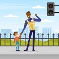 African American Man Road Police Officer Holding Kid by Hand Crossing the Street with Light Vector Illustration Royalty Free Stock Photo