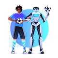 african american man and robot soccer players holding balls artificial intelligence technology concept