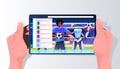 african american man and robot soccer players on smartphone screen artificial intelligence technology concept