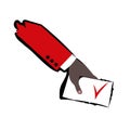 Image design election background. Hand holds a white ballot paper with a check mark