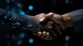 African American man shaking hands with digital cyborg half human and half robot. Collaboration humans with artificial