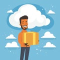 African American man smiling, holding a package with a cloudy sky background. Cheerful delivery guy with a beard