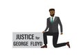 African american man stands on one knee. Protesters in USA, slogan - justice for GEORGE FLOYD. Protest against Police Brutality