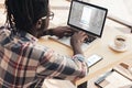 african american man using laptop with linkedin website and smartphone