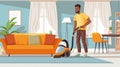 African american man vacuuming an apartment. Cozy interior of living room. Cartoon flat illustration Royalty Free Stock Photo