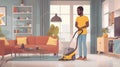 African american man vacuuming an apartment. Cozy interior of living room. Cartoon flat illustration Royalty Free Stock Photo