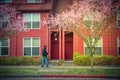 African American man walking by a suburban townhouse with cherry blossom in Seattle, WA