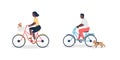 African american man and woman on bicycle with dogs flat color vector detailed character set