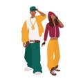 African American man and woman dressed in loose clothes. Pair or rappers. Young rap or R`n`B fans. Cute male and female