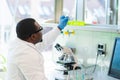 African-american medical doctor working in research lab. Science assistant making pharmaceutical experiments. Chemistry Royalty Free Stock Photo