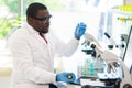 African-american medical doctor working in research lab. Science assistant making pharmaceutical experiments. Chemistry