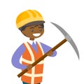 African-american miner in hard hat holding pickaxe