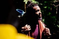 African american mixed race couple in forest making selfie Royalty Free Stock Photo