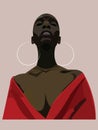 The African American model in red dress and big rounded earing