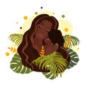 African American Mom holds daughter in her arms, hugs her child. Happy Mothers Day concept. Vector illustration