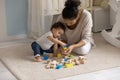 African American mother and toddler girl playing with wooden blocks Royalty Free Stock Photo