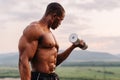 African american muscular athlete lifting dumbbells against the sunset sky background Royalty Free Stock Photo