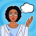 African american nurse pointing on speech bubble, vector illustration in pop art retro comic style Royalty Free Stock Photo