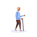 African american old man walking stick using smartphone elderly grandfather walk isolated cartoon character full length