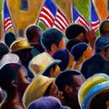 African American people in a meeting or in a courthouse. USA flags. Abolition of slavery. Modern slave trade concept. A