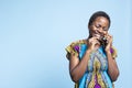 African american person answering phone call on camera Royalty Free Stock Photo