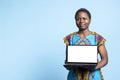 African american person does advertisement with white screen on laptop Royalty Free Stock Photo