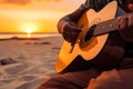 African american person\'s hands playing acoustic guitar on sandy beach at sunset time. Playing music concept, neural network