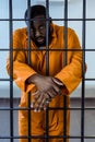 african american prisoner in uniform standing behind