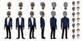 African American Professor cartoon character head set and animation. Front, side, back, 3-4 view character. Flat icon design Royalty Free Stock Photo