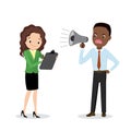 African american sad Boss with megaphone and female secretary