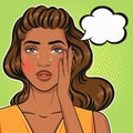 African american sad pop art woman face crying with teardrops holding her head with thinking bubble in retro comic style Royalty Free Stock Photo