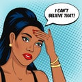 African American sad woman face with text bubble I Can`t Believe That! Bad news concept vector illustration in retro pop art comic Royalty Free Stock Photo