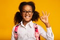 African American Schoolgirl Gesturing Ok Sign Smiling Posing In Studio